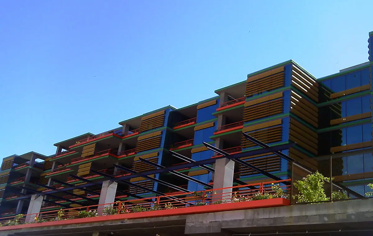 Modern building with colorful architectural design.