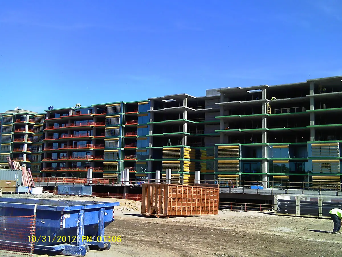 Construction site with partially built apartments.