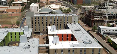 Aerial view of urban building complex.